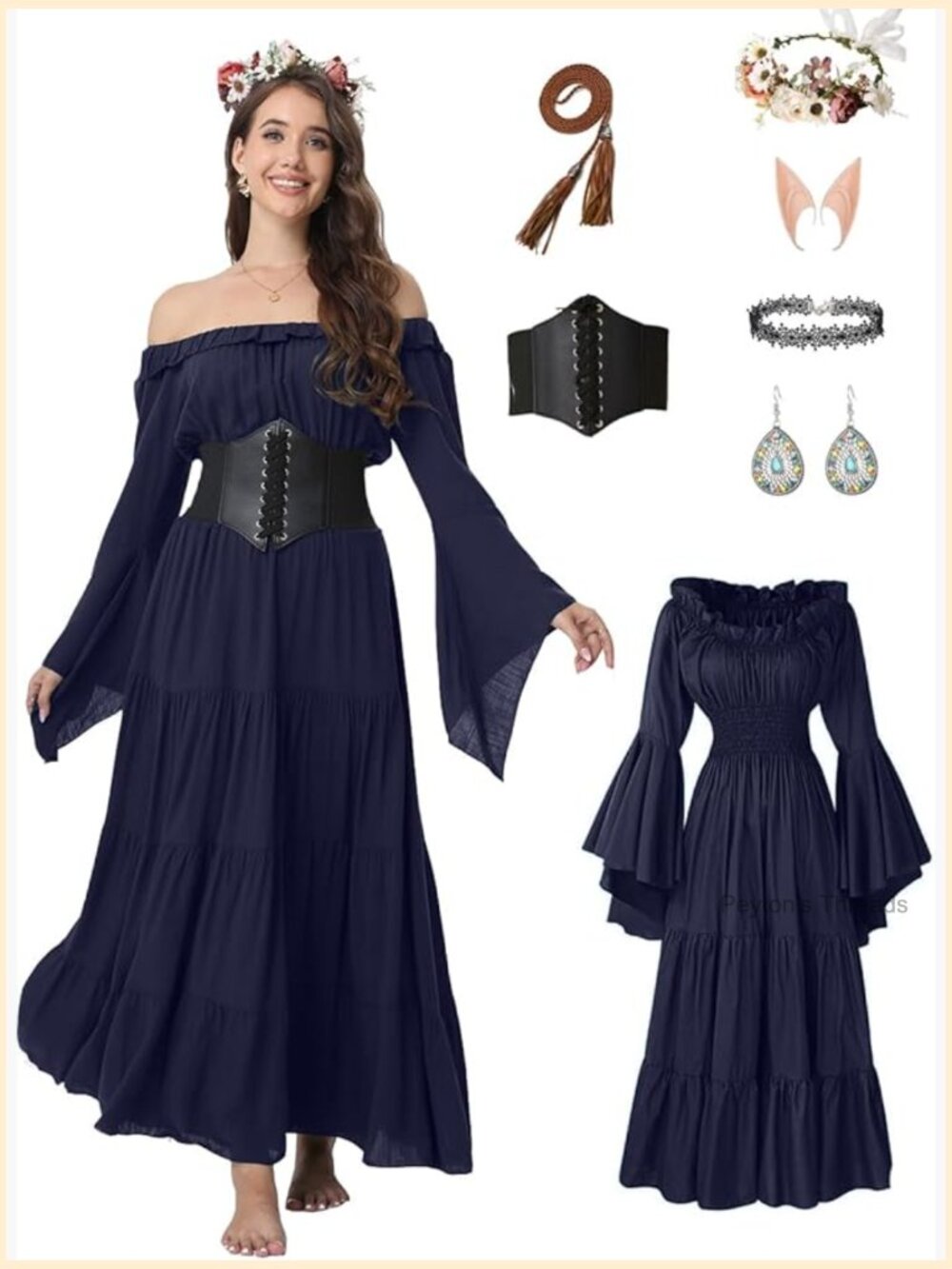 7-Piece Halloween Medieval Renaissance Witch Dress Victorian Fairy Costume